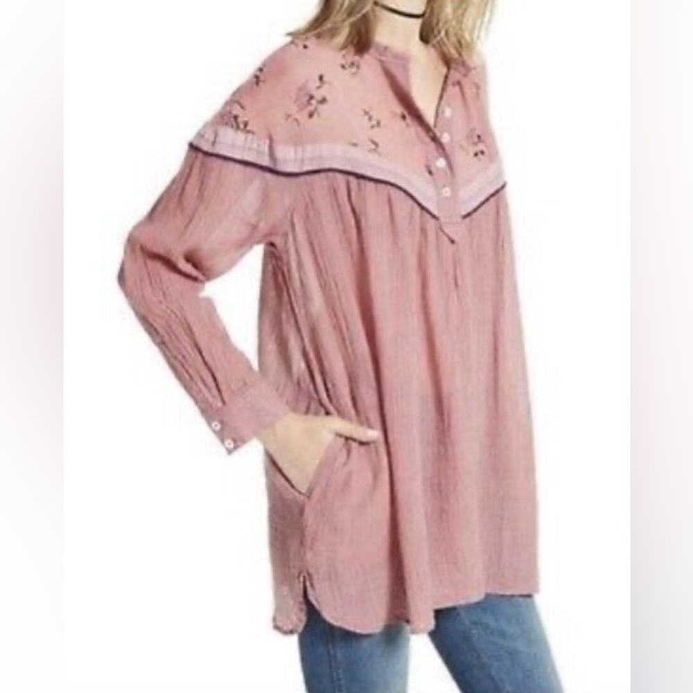 Free People Pink Pinstripe Oversized Tunic Blouse size S
